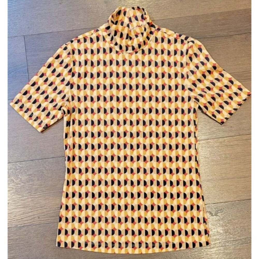 Frank & Oak Womens Shirt Top Sz XS Stretchy Short Sleeve Mock Neck Tan Geometric